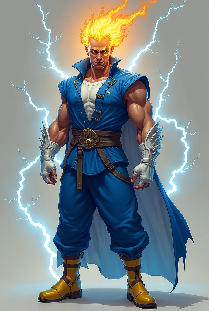 Depicting a proud elite warrior, he is slimmer and wears blue combat uniforms.、He's wearing white underwear and yellow-toed boots. He's got his beard removed, his hair is on fire, he's got yellow-toed boots on. He's thinner, his hair is on fire, lightning is running all around him, his hair is on fire more, he's awake!!Put on some white gloves, make the outfit look more like a warrior tribe, get rid of the cape, put on a white undershirt, make the outfit look more like a Saiyan.
