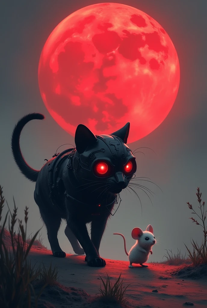 Black cat wearing a mask and looks like a robot and trying to find a white mouse and also red moon behind them but the mouse bigger then cat