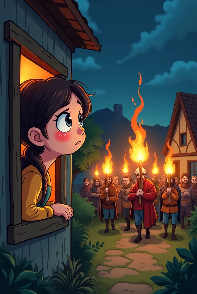 the girl saw the angry villagers with their torches on her window. make it cartoon
