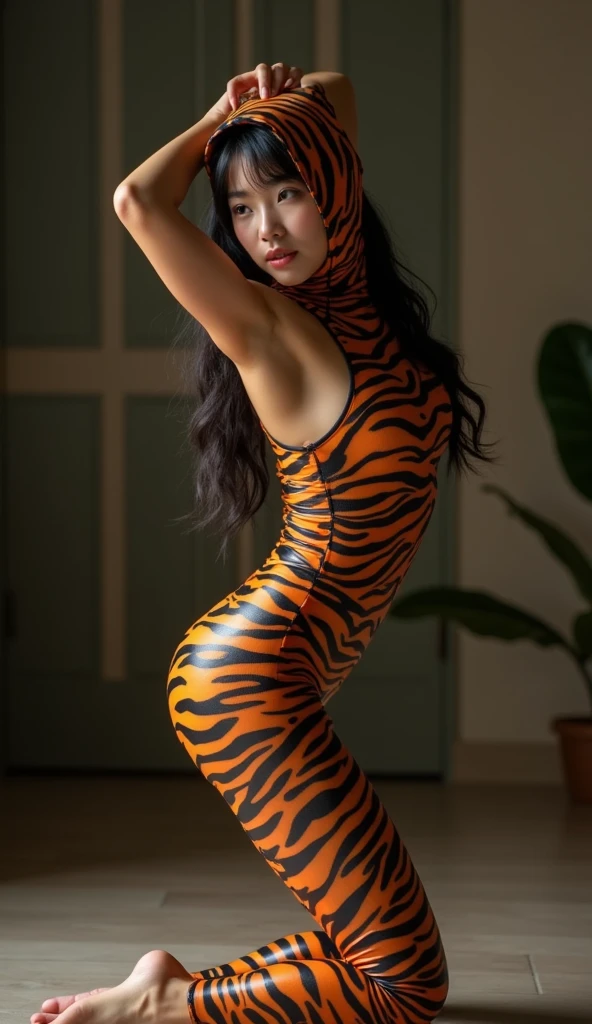 A most beautiful and thin 29 years old chinese contortion girl wearing a glasses wears tiger Lycra turtleneck unitard catsuit covered with seamless black tiger paterns.She always wear Lycra dancewear hijab-like hood.She has beautiful cheeks on her face.She is take part for contortion performance.She performs contortion in the house.