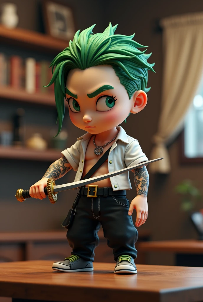 realistic miniature young Korean man with green hair, big head with tattooed arms, carrying a sword, black trousers, white pirate clothes, small character. mafia style, unreal 5 machines, very realistic, on the table, one Piece pirate ship background, realistic 3d characters, the whole body is very detailed, with sifu style, very detailed and realistic, in a very realistic style, the characters are very detailed, pop 3D japonisme very detailed, handsome poses