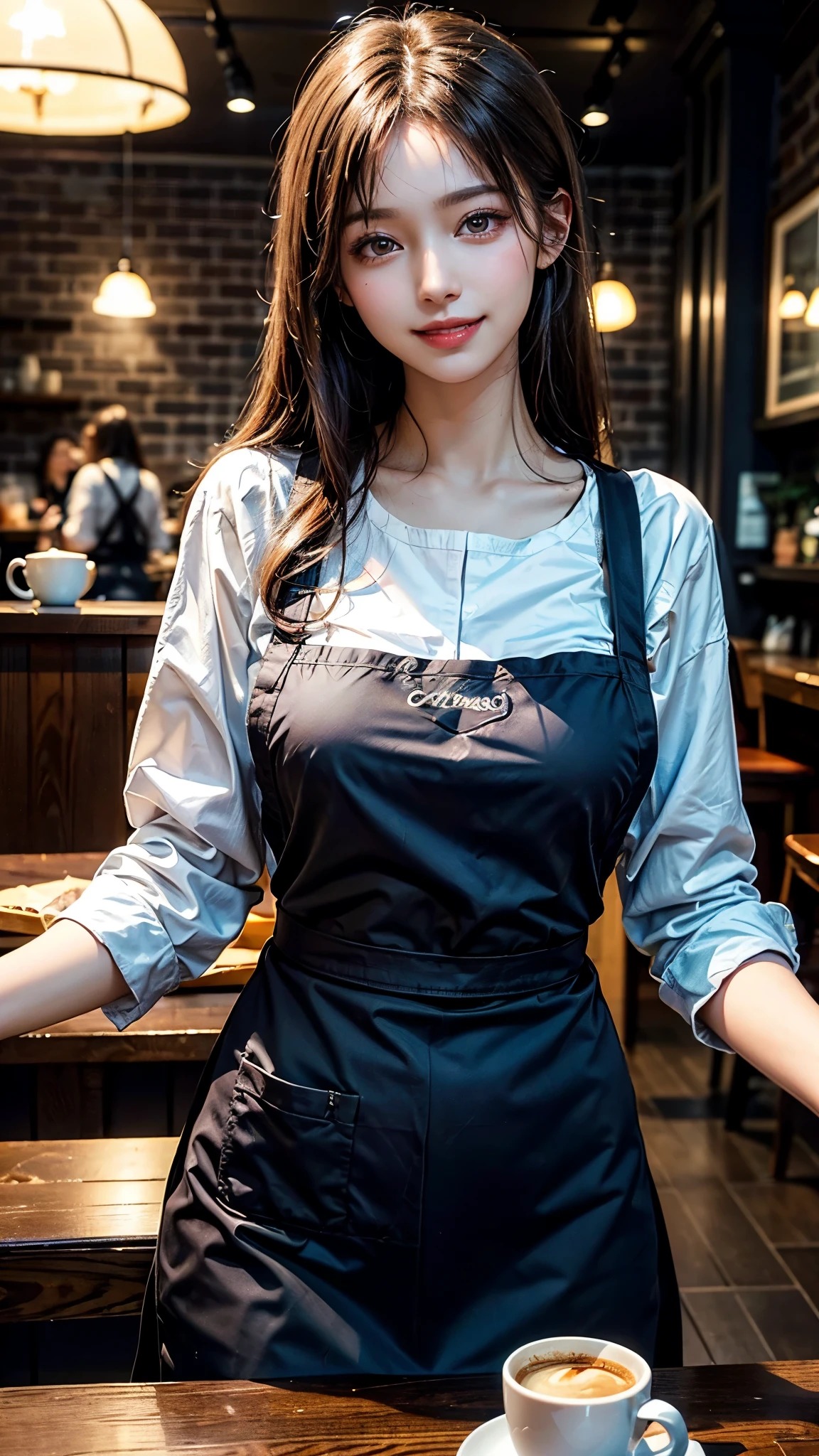 (Highest quality、Tabletop、8k、Best image quality、Award-winning works)、Woman working in a café、(The perfect brown apron:1.1)、(The perfect brown apron:1.1)、(wide々She is standing elegantly in a modest cafe..:1.3)、(A classy shirt and apron:1.1)、(Big Breasts:1.1)、(Accentuate your body lines:1.1)、Beautiful woman portrait、The most elegant and cozy cafe、The most natural cafe, Perfectly organized、The most atmospheric and warm lighting、Stylish and elegant cafe、Strongly blurred background、Look at me and smile、(Accurate anatomy:1.2)、Ultra high resolution perfect beautiful teeth、Ultra-high definition beauty face、Ultra HD Hair、Ultra HD The Shining Eyes、The Shining, Super high quality beautiful skin、Super high quality glossy lip