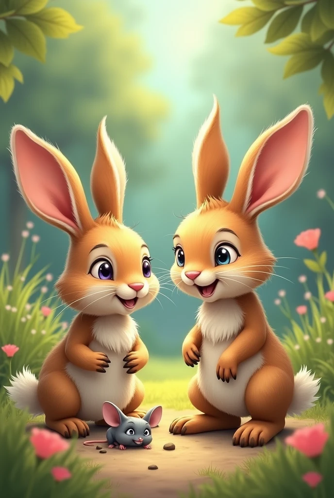 Two rabbit making jokes on mouse and smile at the mouse and the mouse feeling sad

