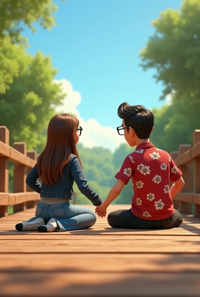 Pixar image with a couple sitting on the wooden bridge, the man on the far right and the woman on the far left, their arms outstretched and holding hands, looking straight ahead. The man is sitting on the right side and the woman on the left side, and behind them are trees and a clear blue sky., The woman has a grey shirt over a dark blue jacket and bell-bottom jeans with holes in the knee, dark blue. The woman has long hair. The man has glasses. He wears a red shirt with white flowers, black jeans and white shoes. The couple has their hands intertwined.