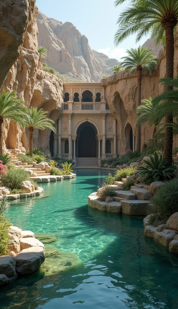 A serene palace emerging from the rocky cliffs of a hidden valley where it’s always spring. The structure seamlessly blends with the surrounding rock, featuring Greek temples, Islamic gardens, and expansive Andalusian courtyards. Surrounding the palace are pools filled with clear, spring-fed water, their surfaces reflecting the lush, flowering landscape. Fountains, carved into the rock, release gentle streams of water into the pools, enhancing the palace’s peaceful, eternal beauty.