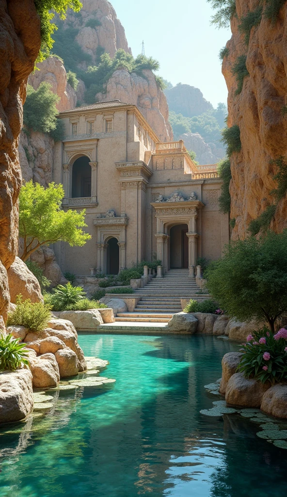 A serene palace emerging from the rocky cliffs of a hidden valley where it’s always spring. The structure seamlessly blends with the surrounding rock, featuring Greek temples, Islamic gardens, and expansive Andalusian courtyards. Surrounding the palace are pools filled with clear, spring-fed water, their surfaces reflecting the lush, flowering landscape. Fountains, carved into the rock, release gentle streams of water into the pools, enhancing the palace’s peaceful, eternal beauty.