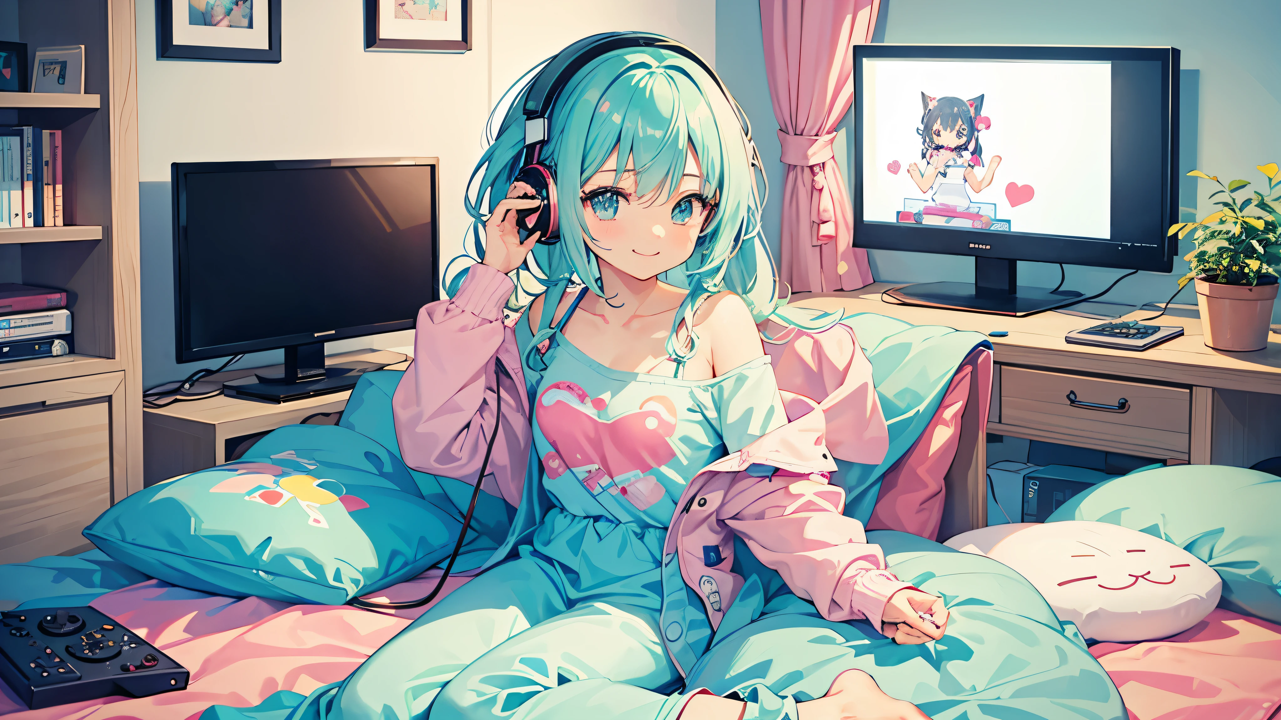 Please draw a scene of Kawaii playing a video game.。With a smile、Sitting on the couch with a game controller in hand、I have headphones on。In the background, a cozy room is depicted.、You can see the game monitor and decorations。Dressed casually、The colours used throughout the room create a bright and cheerful atmosphere.。
