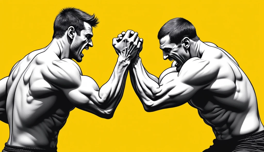 Strong fist arm wrestling in black and white color drawing on yellow background