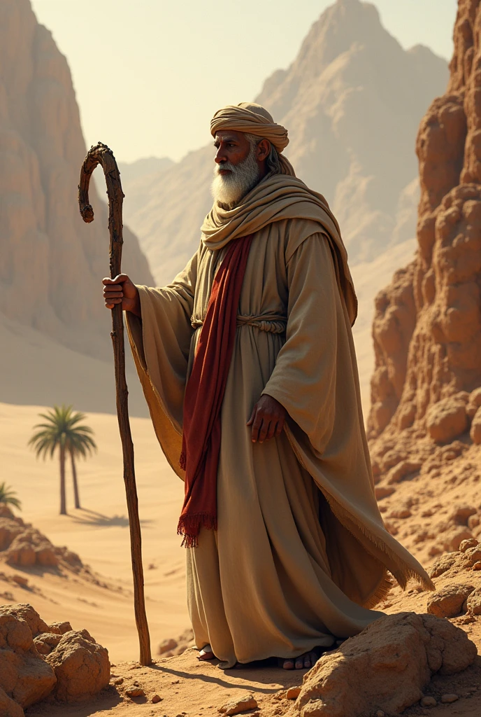 standing muslim holy man holding a smooth wood stick and wearing the muslim traditional cloths on mountain and dessert with dates tree
