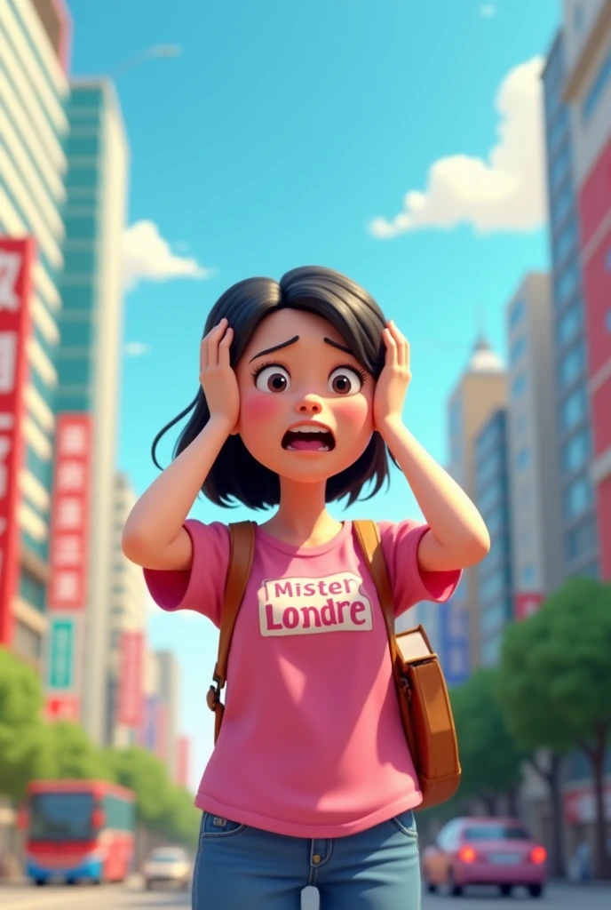 3D cartoon, HD, a Chinese woman as a student, wearing a pink shirt with text logo MISTER LONDRE no image just text, carrying a book , background city , I'm panicking about being chased by college deadlines