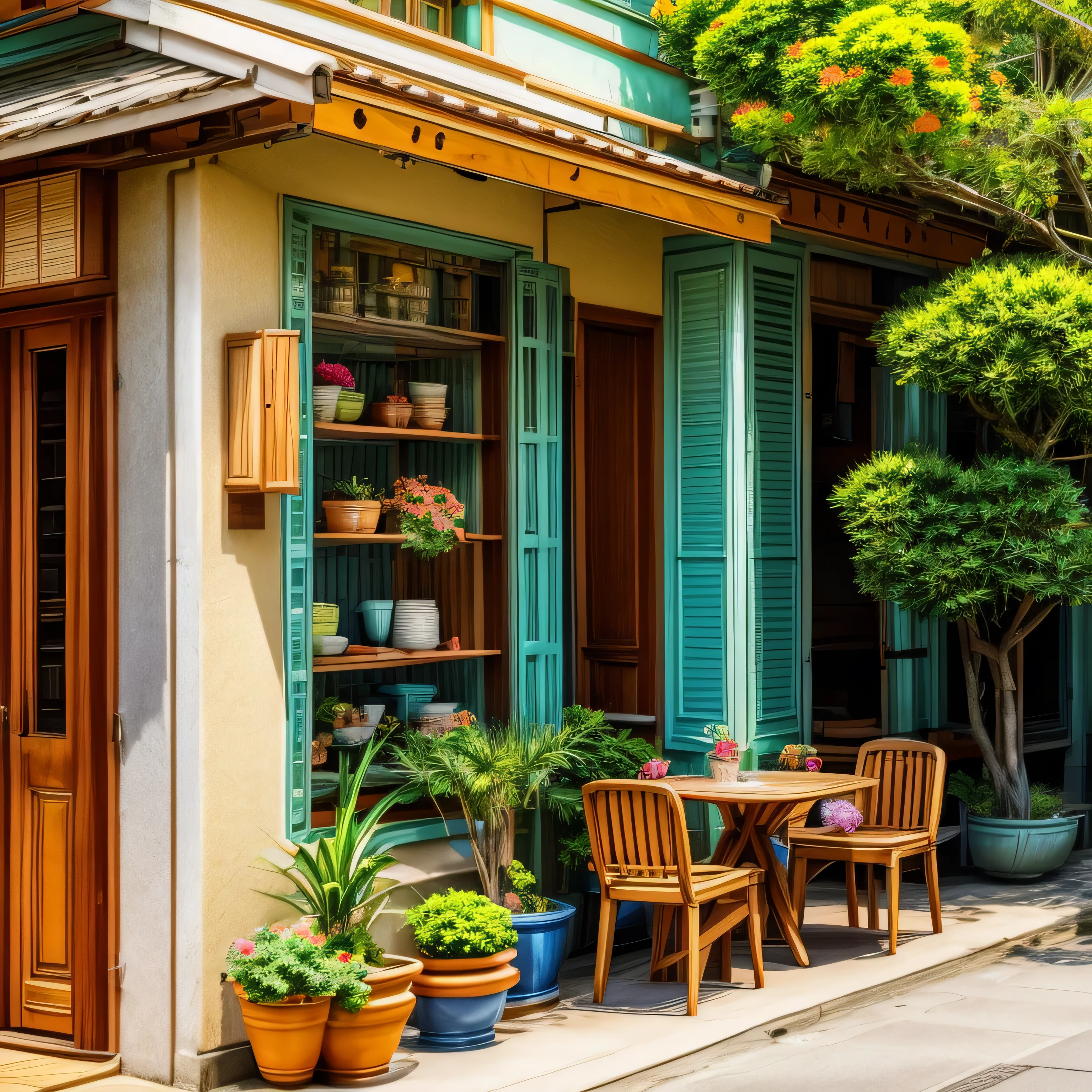 A vibrant, cozy outdoor café in an anime style, surrounded by lush green plants and colorful flowers. The café has wooden tables and chairs with small potted plants on them. The scene is set in a lively urban street filled with greenery and sunlight streaming through the trees, casting warm shadows. The atmosphere is peaceful, with soft, diffused light, capturing the serene ambiance of a relaxing afternoon. The background showcases buildings with large windows, signs in Japanese characters, and a few people strolling down the street