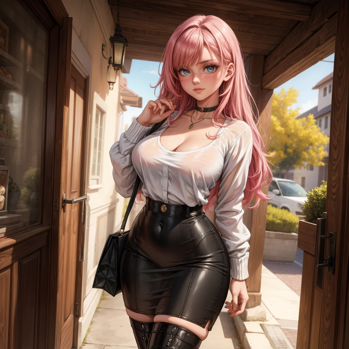Masterpiece, beautiful art, 8k, art style by sciamano240, very detailed face, detailed hair, detailed clothes, detailed fabric, 1girl, beautiful face, long hair, hot pink hair , model head shot, facing camera, very detailed green eyes, sultry smile, wearing classy fall clothes, black dior thigh boots, black pencil skirt, walking , out shopping, necklace, chocker, rosey cheeks, sunny fall setting, full body view, photorealistic, indirect lighting, volumetric light, ray tracing, hyper-detailed, best quality, ultra-high resolution, HDR, (8k, Best Quality, Masterpiece:1.2), Ultra Detail, RAW Photo, Super Resolution, Professional Photo, Extremely Detailed and Beautiful, lot of drool, sweat, belly inflation