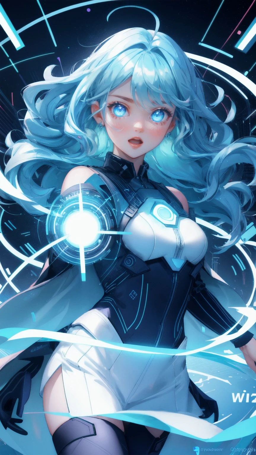 Create an image with a vibrant, high-energy background featuring swirling digital patterns and cryptocurrency symbols. Replace the panicked character with a cute girl who has an expression of shock and surprise, with wide, glowing eyes and open mouth. The girl's hair should be made of swirling blue energy, mirroring the dynamic waves and energy surrounding her. Floating around her should be various cryptocurrency coins and symbols, emphasizing the chaotic and overwhelming nature of the scene. The overall atmosphere should be one of intensity and digital chaos, capturing the feeling of being overwhelmed in a fast-paced, decentralized finance (DeFi) environment