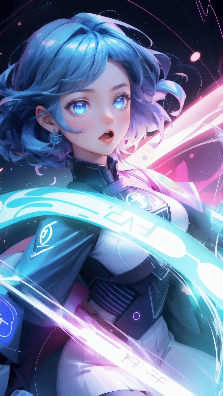 Create an image with a vibrant, high-energy background featuring swirling digital patterns and cryptocurrency symbols. Replace the panicked character with a cute girl who has an expression of shock and surprise, with wide, glowing eyes and open mouth. The girl's hair should be made of swirling blue energy, mirroring the dynamic waves and energy surrounding her. Floating around her should be various cryptocurrency coins and symbols, emphasizing the chaotic and overwhelming nature of the scene. The overall atmosphere should be one of intensity and digital chaos, capturing the feeling of being overwhelmed in a fast-paced, decentralized finance (DeFi) environment