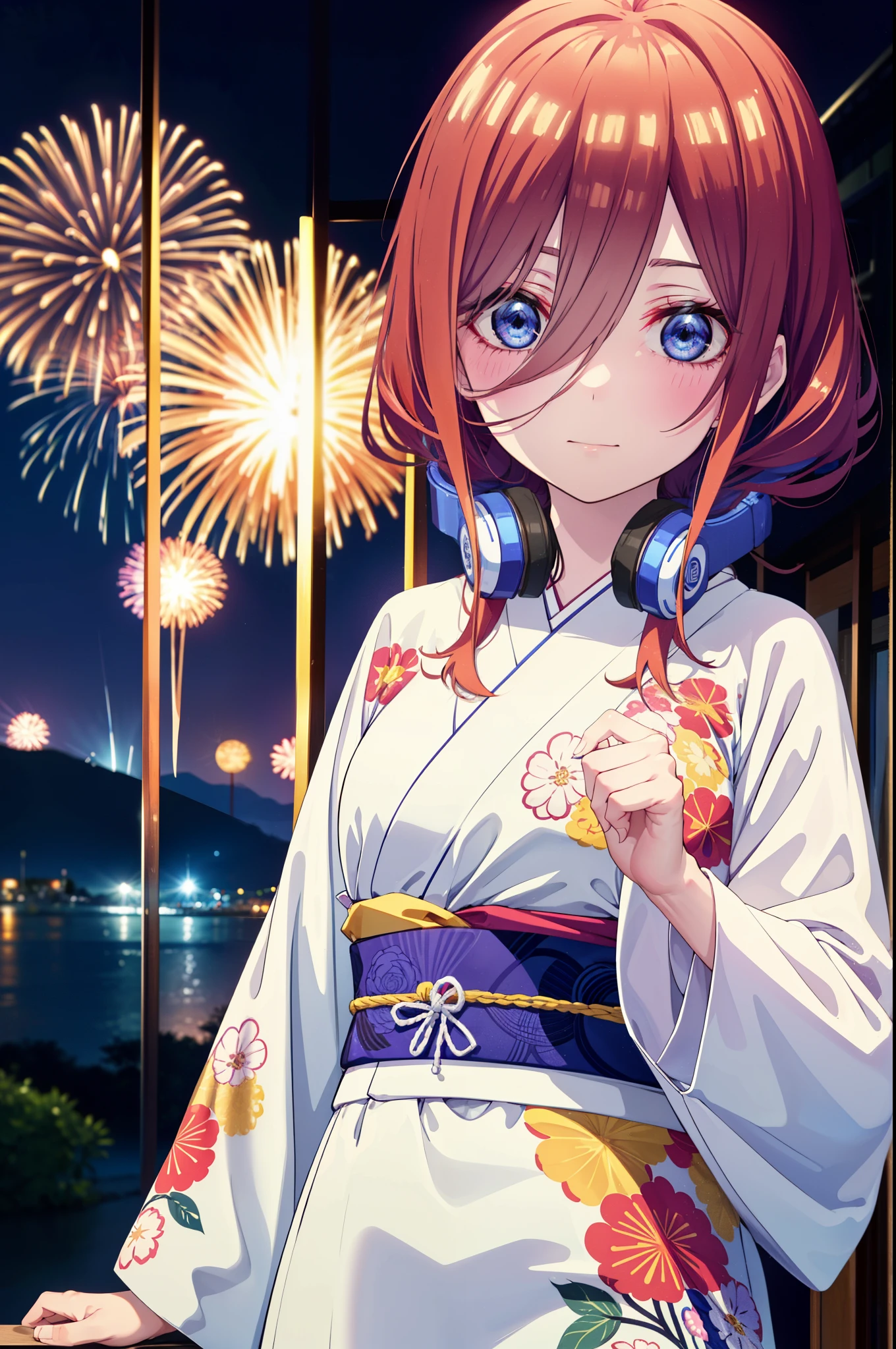 Miku Nakano, miku nakano, Long Hair, bangs, blue eyes, Brown Hair, shirt, Hair between the eyes, Headphones around neck,single hair band,Flower Hair Ornaments,smile,blush,Blue Kimono,Fireworks in the night sky,Fireworks,The place is a fireworks display,Time is night,sunny day,日本のfestival,夏festivalの屋台,Red lantern,whole bodyがイラストに入るように,
break outdoors, garden,festival,
break looking at viewer, whole body, (Cowboy Shot:1. 5),
break (masterpiece:1.2), Highest quality, High resolution, unity 8k wallpaper, (figure:0.8), (Beautiful attention to detail:1.6), Highly detailed face, Perfect lighting, Highly detailed CG, (Perfect hands, Perfect Anatomy),