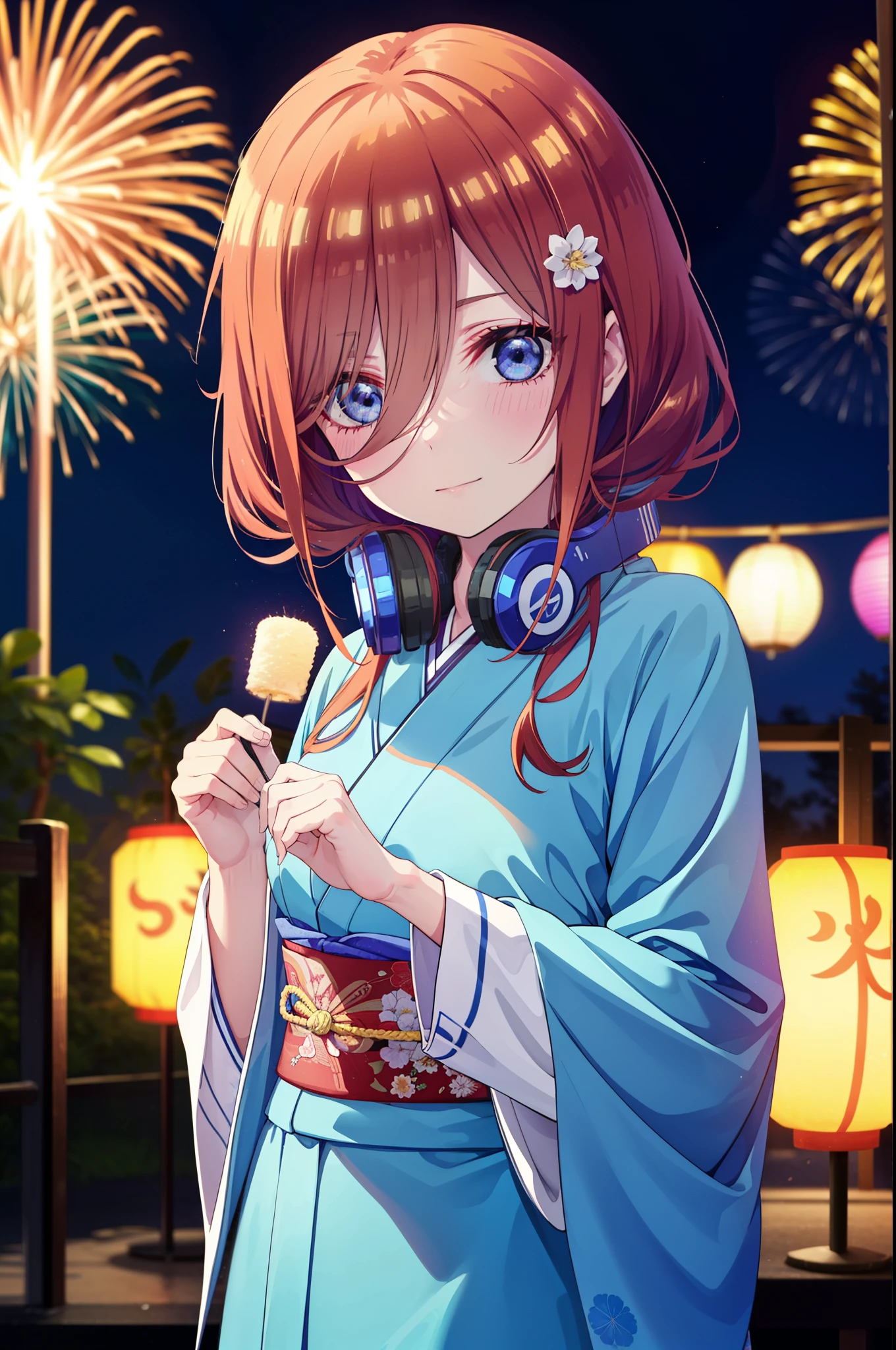 Miku Nakano, miku nakano, Long Hair, bangs, blue eyes, Brown Hair, shirt, Hair between the eyes, Headphones around neck,single hair band,Flower Hair Ornaments,smile,blush,Blue Kimono,Fireworks in the night sky,Fireworks,The place is a fireworks display,Time is night,sunny day,日本のfestival,夏festivalの屋台,Red lantern,whole bodyがイラストに入るように,
break outdoors, garden,festival,
break looking at viewer, whole body, (Cowboy Shot:1. 5),
break (masterpiece:1.2), Highest quality, High resolution, unity 8k wallpaper, (figure:0.8), (Beautiful attention to detail:1.6), Highly detailed face, Perfect lighting, Highly detailed CG, (Perfect hands, Perfect Anatomy),