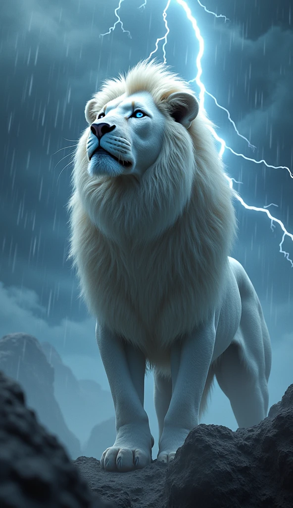 Create an ultra realistic 8k image of the front face of a strong and beautiful white lion with blue eyes looking at the sky in the rain with lightning and thunderbolts