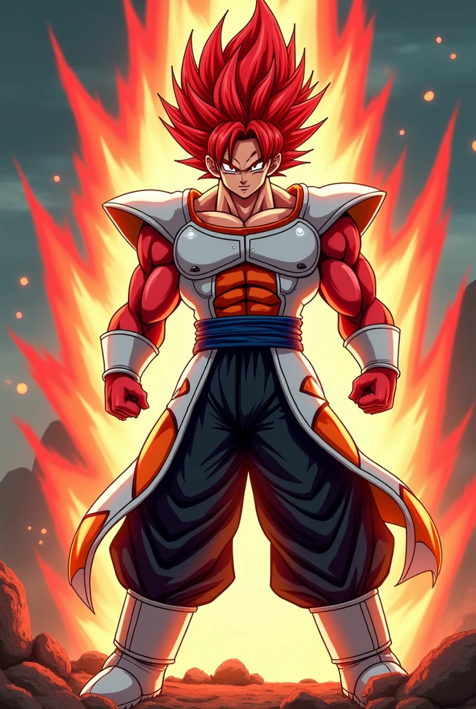 Create a male anime character in dragon ball style with fiery hair, red eyes, white and red costume, black pants and white shoes