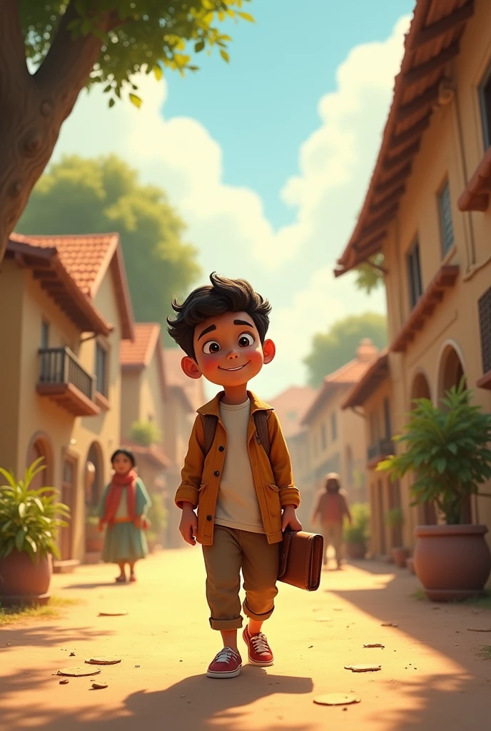 3. **Ahmed (a child ) Walking Home**: Picture Ahmed walking back home through the village after returning the wallet. He has a peaceful smile on his face, and the village scenery around him should feel warm and welcoming, with villagers in the background.