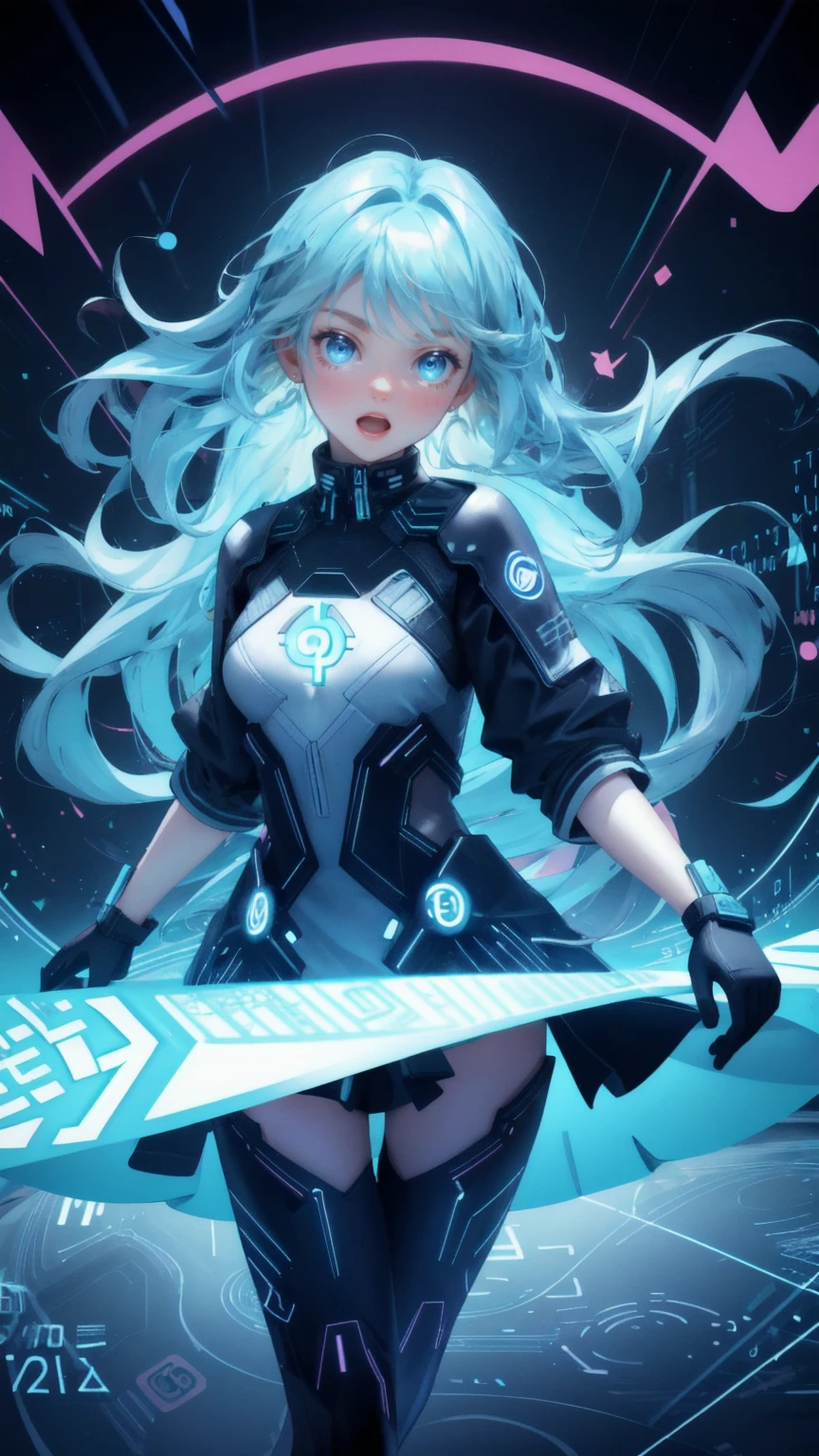 Design an image set in a dynamic, digital-themed background filled with swirling circuitry and cryptocurrency symbols. Replace the panicked character with a cute girl, displaying a startled expression with wide eyes and an open mouth, as if caught off guard by the chaos around her. Her hair should be made of flowing blue energy, blending with the digital waves that twist and turn around her. Scattered throughout the scene are floating cryptocurrency coins and symbols, adding to the sense of overwhelming intensity and rapid movement in the fast-paced world of decentralized finance (DeFi).