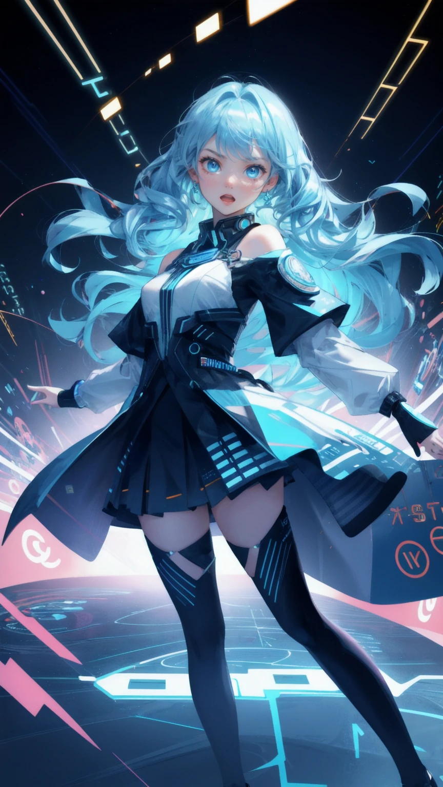 Design an image set in a dynamic, digital-themed background filled with swirling circuitry and cryptocurrency symbols. Replace the panicked character with a cute girl, displaying a startled expression with wide eyes and an open mouth, as if caught off guard by the chaos around her. Her hair should be made of flowing blue energy, blending with the digital waves that twist and turn around her. Scattered throughout the scene are floating cryptocurrency coins and symbols, adding to the sense of overwhelming intensity and rapid movement in the fast-paced world of decentralized finance (DeFi).