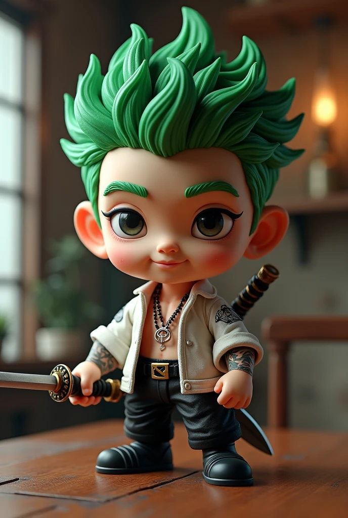 realistic miniature young Korean man with green hair, big head with tattooed arms, carrying a sword, black trousers, white pirate clothes, small character. mafia style, unreal 5 machines, very realistic, on the table, one Piece pirate ship background, realistic 3d characters, the whole body is very detailed, with sifu style, very detailed and realistic, in a very realistic style, the characters are very detailed, pop 3D japonisme very detailed, handsome poses