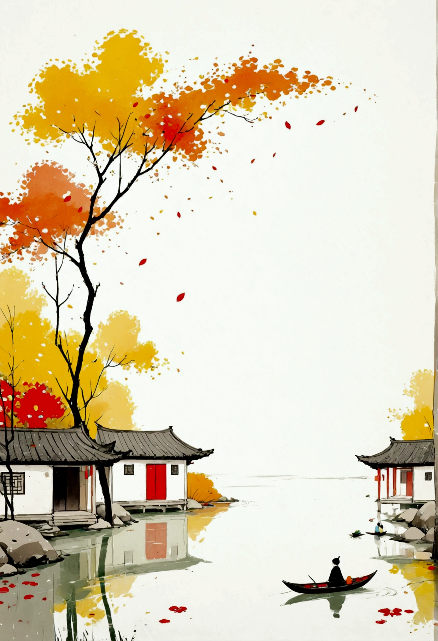 Sky占比2/3.Chinese Ink Painting Sketch：Wu Guanzhong&#39;s artistic style，Peaceful and Freehand，artistic conception:2.Dot，autumn，Gangnam scenery，Minimalism，White background。(((Negative Space:2,Large area of blank:2, Bottom left corner composition)))。niji6 style