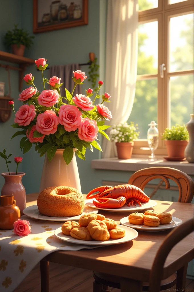 Visualize a cozy, whimsical scene that captures the essence of indulgence and joy. In the center, there's a rustic wooden table laden with an array of delicious treats: golden-brown pastries, a beautifully plated lobster, and a bouquet of vibrant flowers symbolizing love. The background features a sunlit kitchen with charming details, like hanging herbs and a window that shows a glimpse of a serene garden. The overall mood is warm and inviting, with a touch of playful elegance, reflecting the joy of life's simple pleasures.