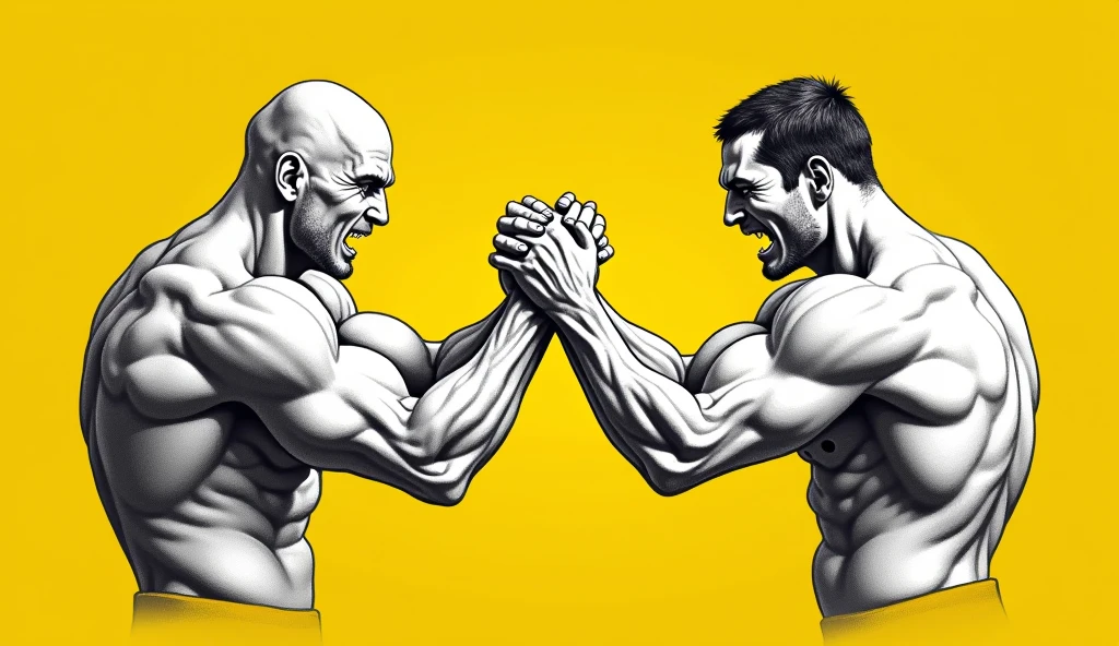 Strong fist arm wrestling in black and white color drawing on yellow background