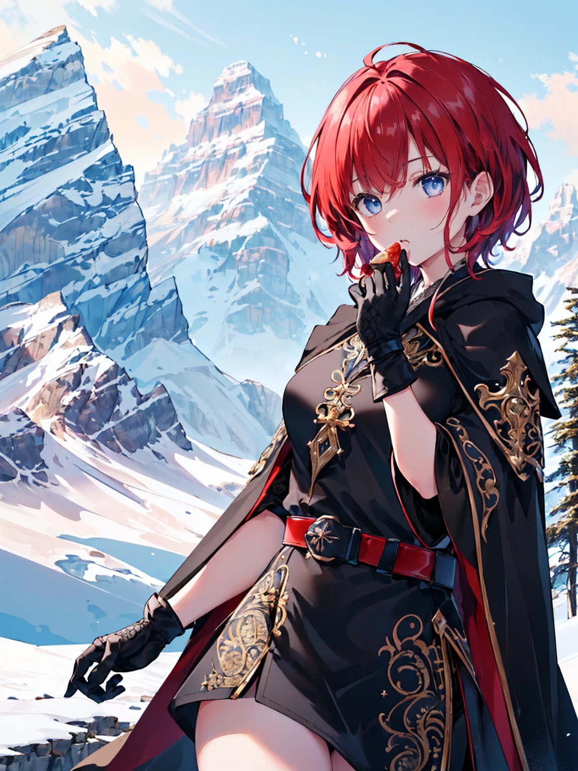 RAW Photos,8k hdr,masterpiece,最high quality,Realistic,High resolution,high quality,High resolution,Very detailed,Daytime,One Girl (ロンGloves,Intricate black wizard robes:1.5),(Short Red Hair:1.3),Lucent Blue Eyes,(belt, Gloves,Handguard,Food:1.5),Pattern on purple clothes,chest,Shoulder Armor,Thighs,boots,Breathtaking (Mountain landscape in the background:1.5),