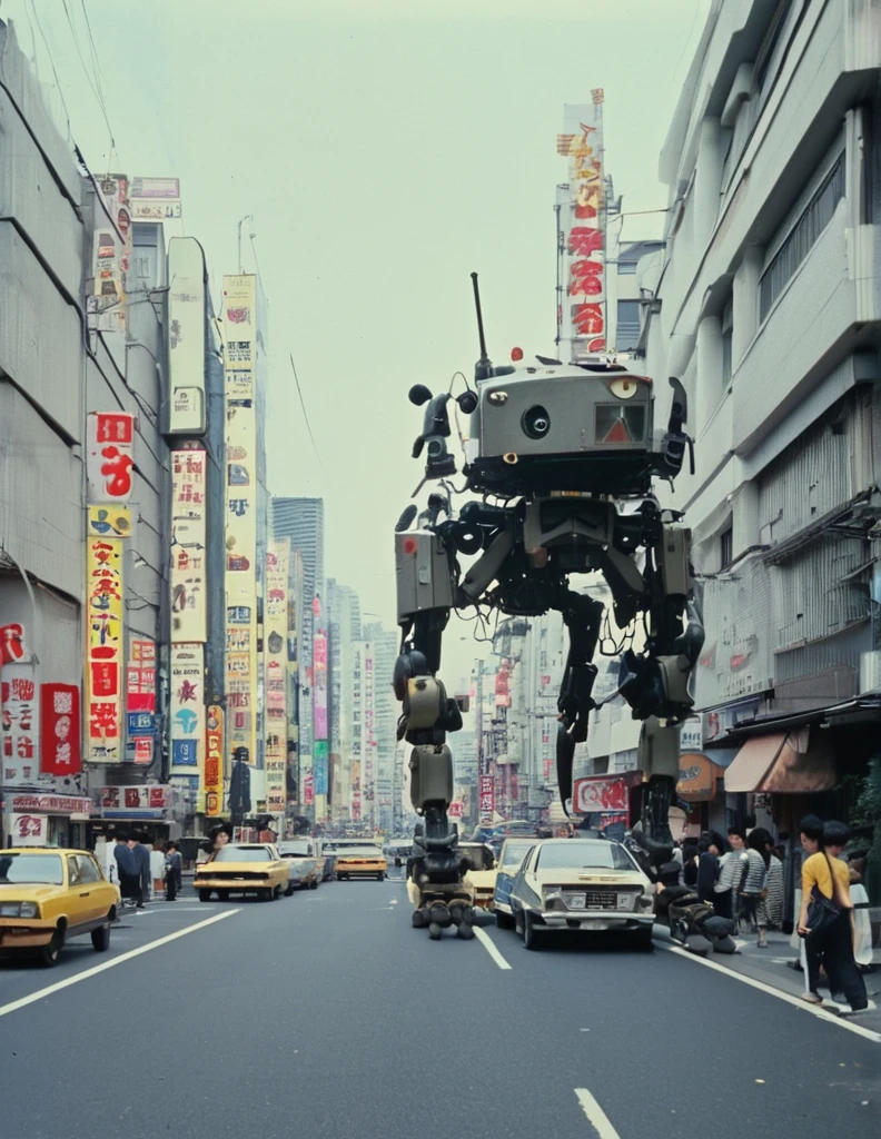 apocalyptic a robot with a large turret on its top, spider robot, non-humanoid robot, 
There are many cars and people on the city streets., Japan 1980s, Downtown Japan, Tokyo cityscape, Japan Streets, vintage footage of Tokyo cityscape, Tokyo cityscape set in 1982, Tokyo cityscape, Photos of Japan in the 80s, Japan Streets, in the Tokyo cityscape, Kodachrome : : 8k yen, Vintage Photography, Printed matter from the 1970s