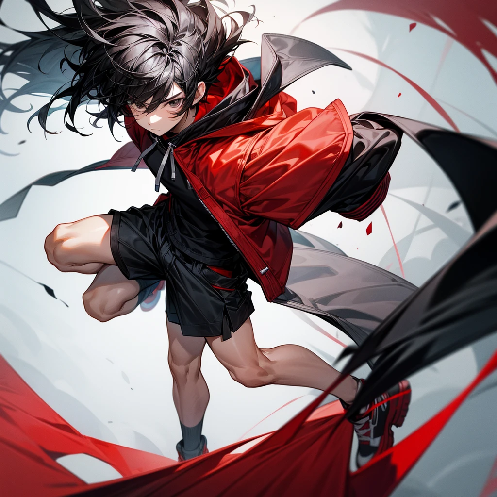 A boy with shoulder-length black hair ,black eyes ,wear a short-sleeved and hooded jacket ,black and red shirt,Wear shorts that go past the knee and have lots of pockets and straps. ,white and red shoes 