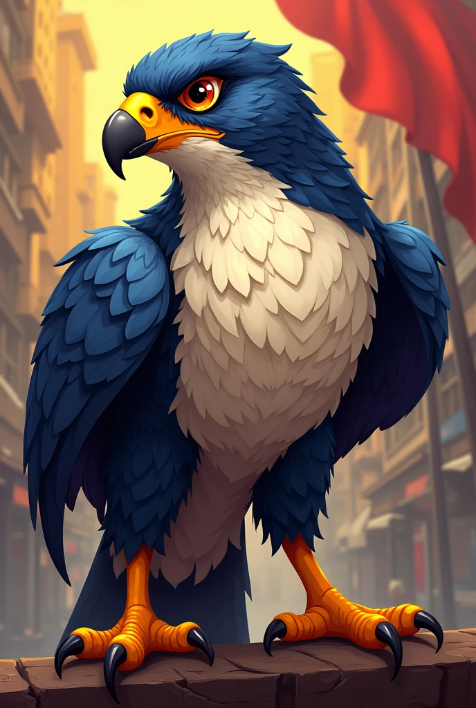 Feisty falcon cartoon ready to fight and fly, fierce holding purple accent and flag
logo with amazing more details background integrity and dignity