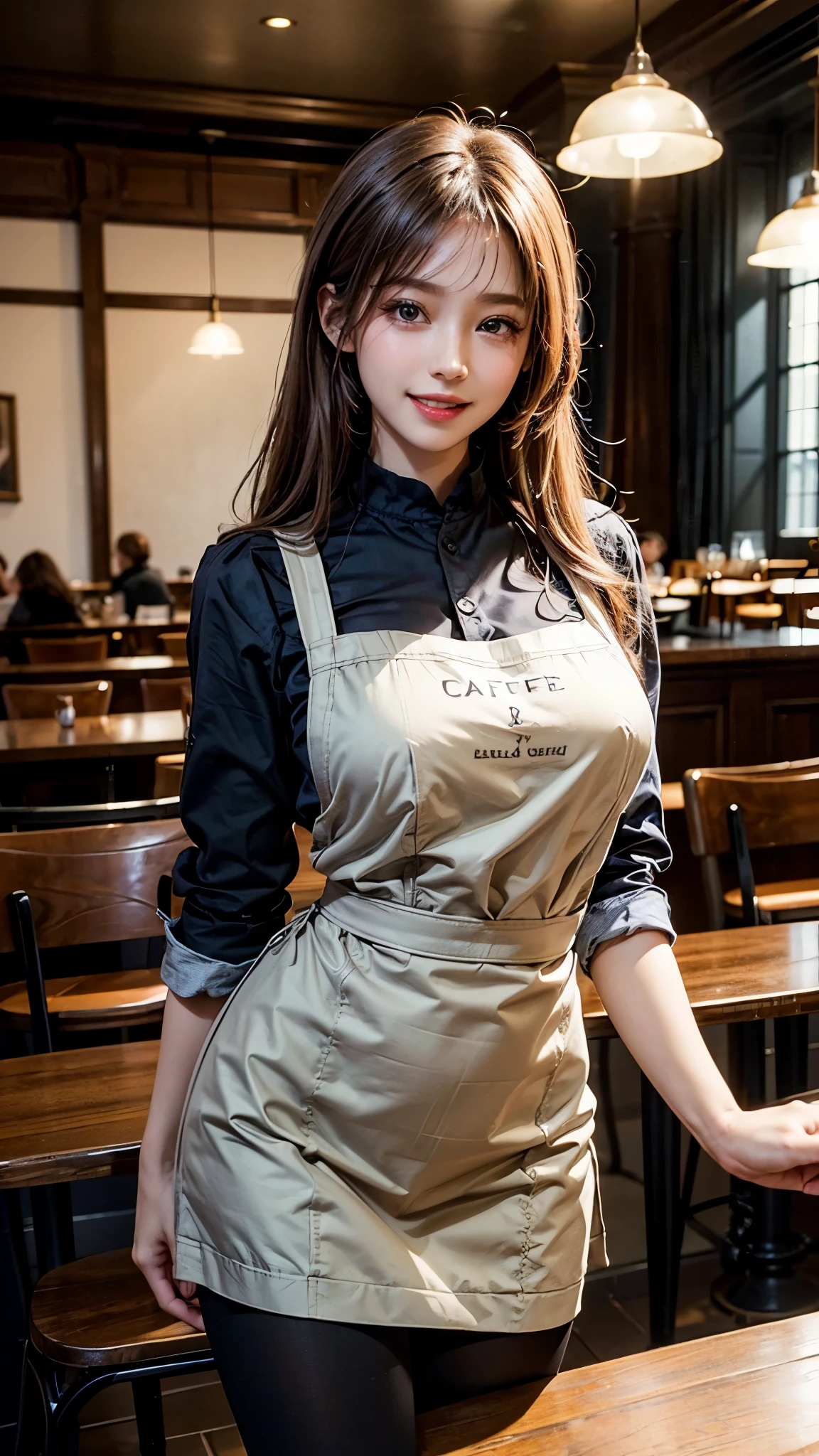 (Highest quality、Tabletop、8k、Best image quality、Award-winning works)、Woman working in a café、(The perfect brown apron:1.1)、(The perfect brown apron:1.1)、(wide々She is standing elegantly in a modest cafe..:1.3)、(A classy shirt and apron:1.1)、(Big Breasts:1.1)、(Accentuate your body lines:1.1)、Beautiful woman portrait、The most elegant and cozy cafe、The most natural cafe, Perfectly organized、The most atmospheric and warm lighting、Stylish and elegant cafe、Strongly blurred background、Look at me and smile、(Accurate anatomy:1.2)、Ultra high resolution perfect beautiful teeth、Ultra-high definition beauty face、Ultra HD Hair、Ultra HD The Shining Eyes、The Shining, Super high quality beautiful skin、Super high quality glossy lip