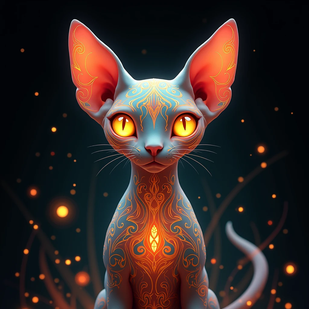 Create an intricate, stylized digital artwork of a Sphynx cat with glowing golden eyes. The cat should be portrayed in a highly detailed, ornate style, with swirling, decorative patterns covering its body and face. The patterns should incorporate vibrant colors like red, orange, blue, and gold, and should resemble a mix of tribal and baroque designs. The background should be dark to emphasize the glowing elements, with soft, flowing lines and particles of light radiating around the cat, adding a mystical, ethereal atmosphere. The overall vibe should be otherworldly and enchanting, with a focus on fine details and glowing effects.