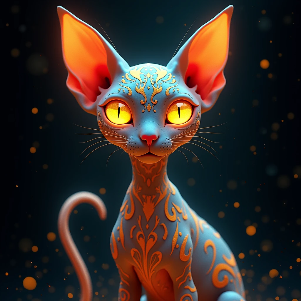Create an intricate, stylized digital artwork of a Sphynx cat with glowing golden eyes. The cat should be portrayed in a highly detailed, ornate style, with swirling, decorative patterns covering its body and face. The patterns should incorporate vibrant colors like red, orange, blue, and gold, and should resemble a mix of tribal and baroque designs. The background should be dark to emphasize the glowing elements, with soft, flowing lines and particles of light radiating around the cat, adding a mystical, ethereal atmosphere. The overall vibe should be otherworldly and enchanting, with a focus on fine details and glowing effects.