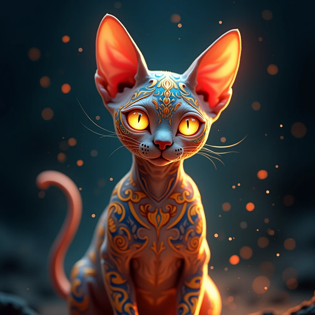 Create an intricate, stylized digital artwork of a Sphynx cat with glowing golden eyes. The cat should be portrayed in a highly detailed, ornate style, with swirling, decorative patterns covering its body and face. The patterns should incorporate vibrant colors like red, orange, blue, and gold, and should resemble a mix of tribal and baroque designs. The background should be dark to emphasize the glowing elements, with soft, flowing lines and particles of light radiating around the cat, adding a mystical, ethereal atmosphere. The overall vibe should be otherworldly and enchanting, with a focus on fine details and glowing effects.