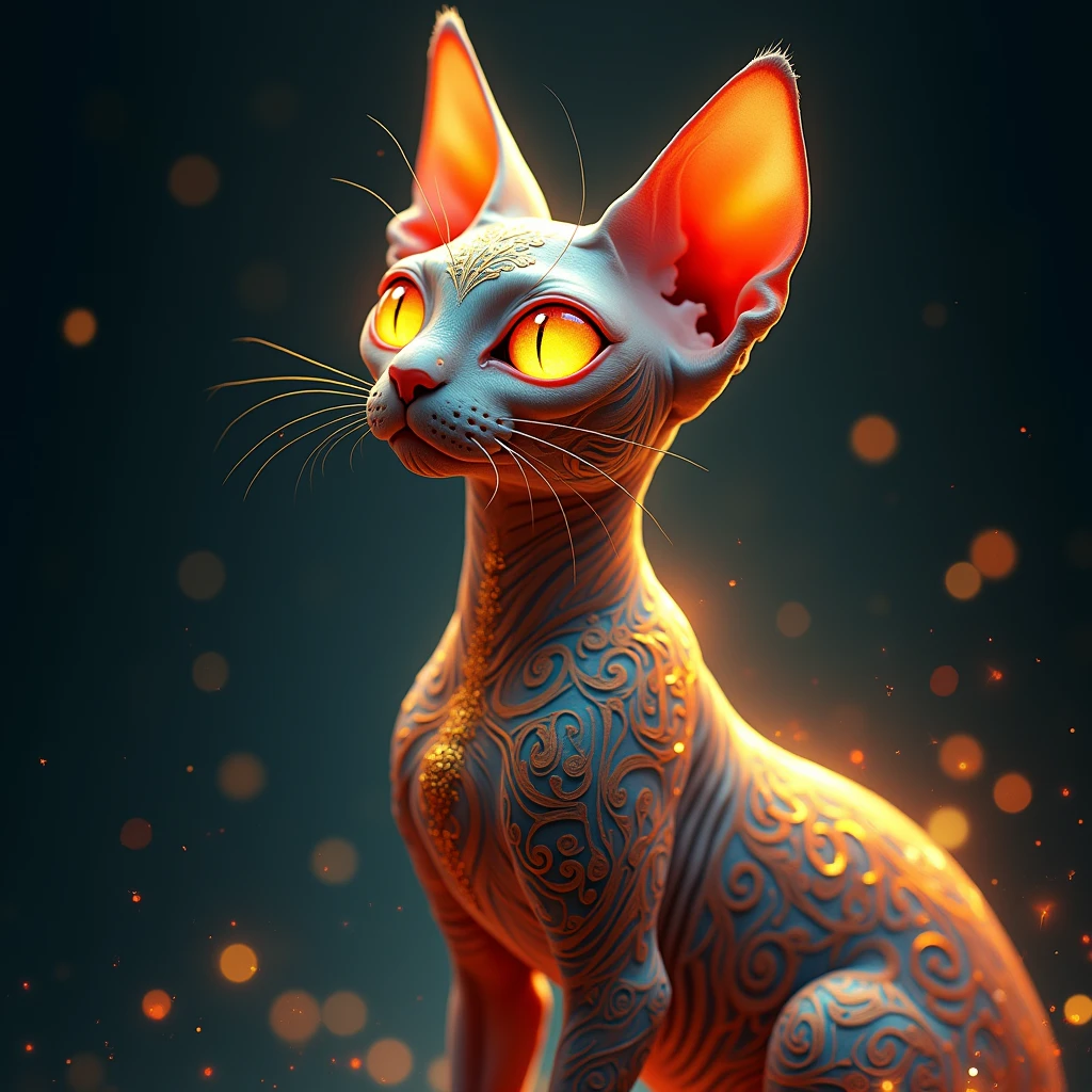 Create an intricate, stylized digital artwork of a Sphynx cat with glowing golden eyes. The cat should be portrayed in a highly detailed, ornate style, with swirling, decorative patterns covering its body and face. The patterns should incorporate vibrant colors like red, orange, blue, and gold, and should resemble a mix of tribal and baroque designs. The background should be dark to emphasize the glowing elements, with soft, flowing lines and particles of light radiating around the cat, adding a mystical, ethereal atmosphere. The overall vibe should be otherworldly and enchanting, with a focus on fine details and glowing effects.