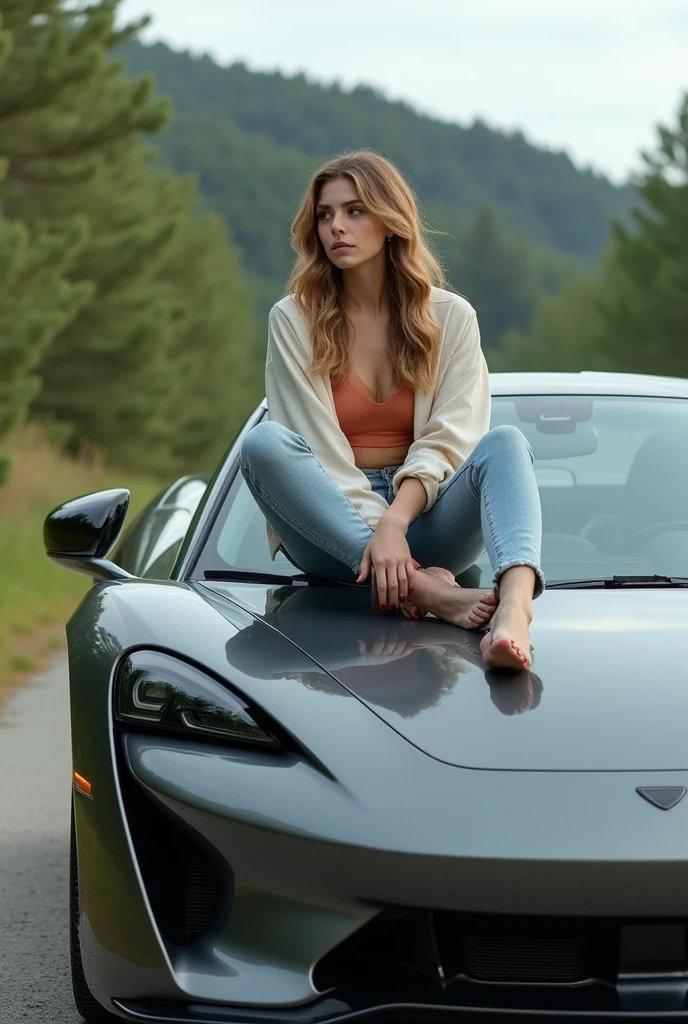 a woman sitting on the hood of the car