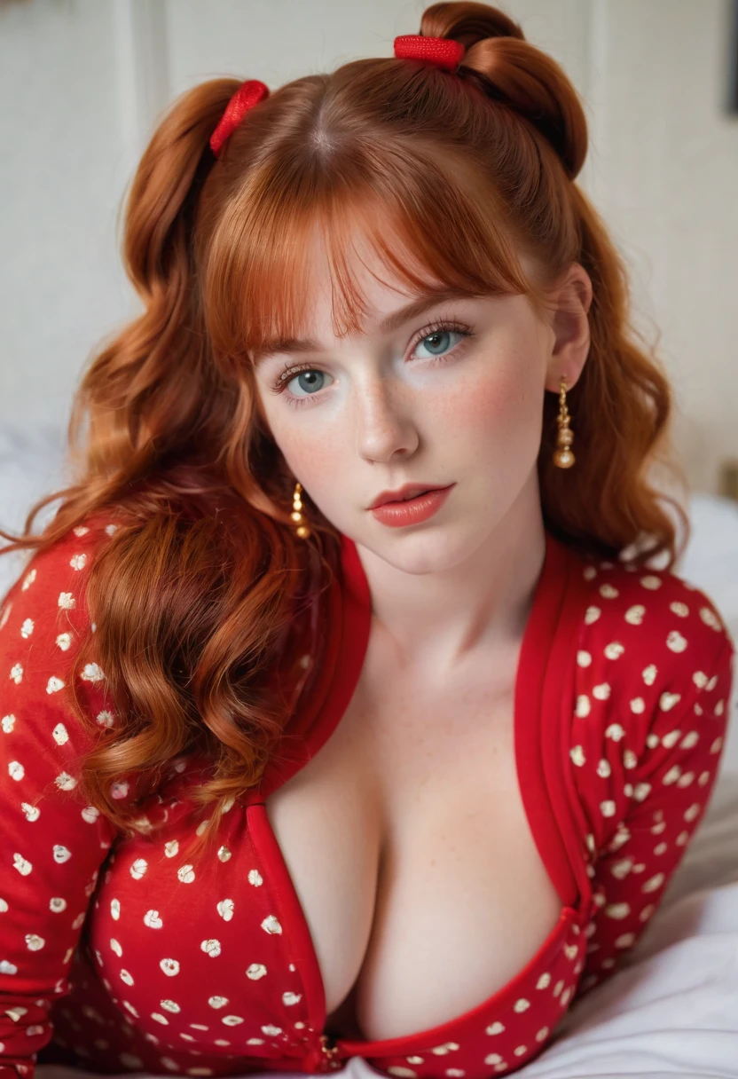 A young lady rs, with long red hair, wavy hair, with air bangs, tied up in a bun. She is in a bedroom, laying on her back, in the bed. She is wearing a red onesie. She has an hourglass figure. She is wearing gold earrings. Looking directly into the camera. She has fair skin, freckles, and braces, constricted pupils, parted lips, large breasts, perfect lips, perfect nose, cute face, baby facealism, cinematic lighting, jpeg artifacts, full body photo, bokeh, textured skin, UHD, best quality, masterpiece, high details