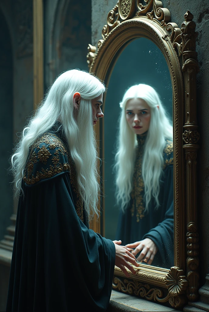 Young white-haired wizard looking at himself in the mirror, Your reflection is a version of your future, becoming a supreme necromancer.