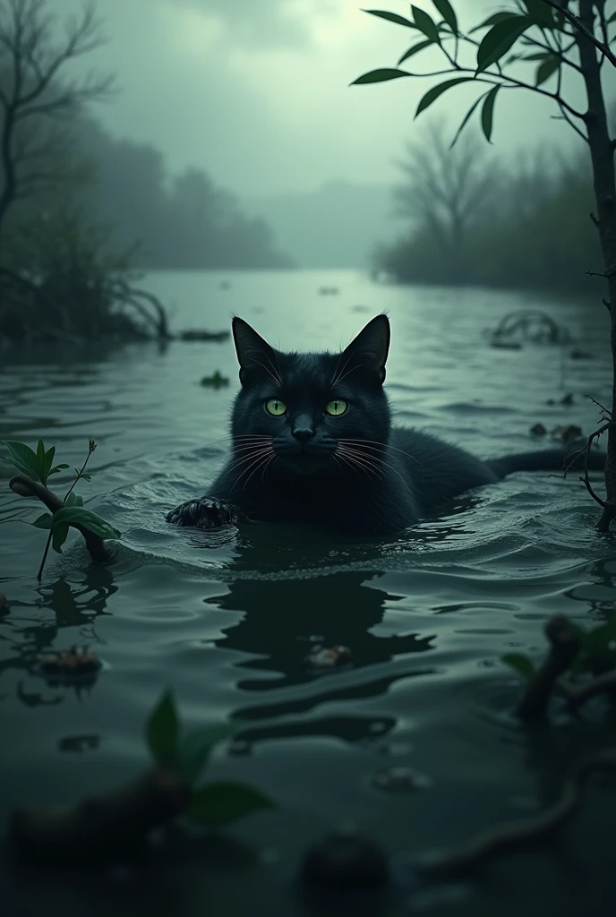The cat is floating in the flood water
