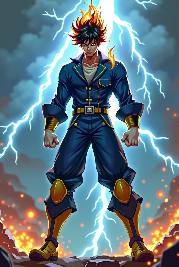 Depicting a proud elite warrior, he is slimmer and wears blue combat uniforms.、He's wearing white underwear and yellow-toed boots. He's got his beard removed, his hair is on fire, he's got yellow-toed boots on. He's thinner, his hair is on fire, lightning is running all around him, his hair is on fire more, he's awake!!Put on some white gloves, make his clothes look more like those of a warrior race, get rid of the cape and put on a white undershirt, make his clothes look more like a Saiyan, change his hair to black, and make his eyes look fierce.