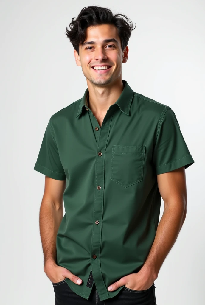 best qualityer:1.4), (ultra high resolution:1.2), (photorrealistic:1.4), (8k, CRU photo:1.2), 1 young white man. eyes browns. He's wearing a green button-down shirt. He is wearing black jeans. wavy black hair. Standing in a photo studio with a white background. is smiling