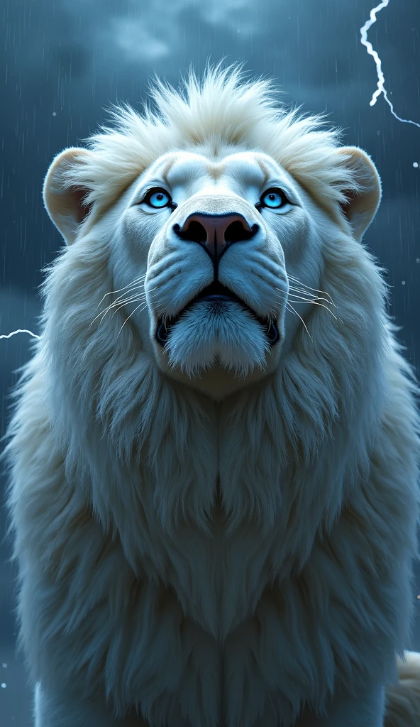 Create an ultra realistic 8k image of the front face of a strong and beautiful white lion with blue eyes looking at the sky in the rain with lightning and flashes in the snow