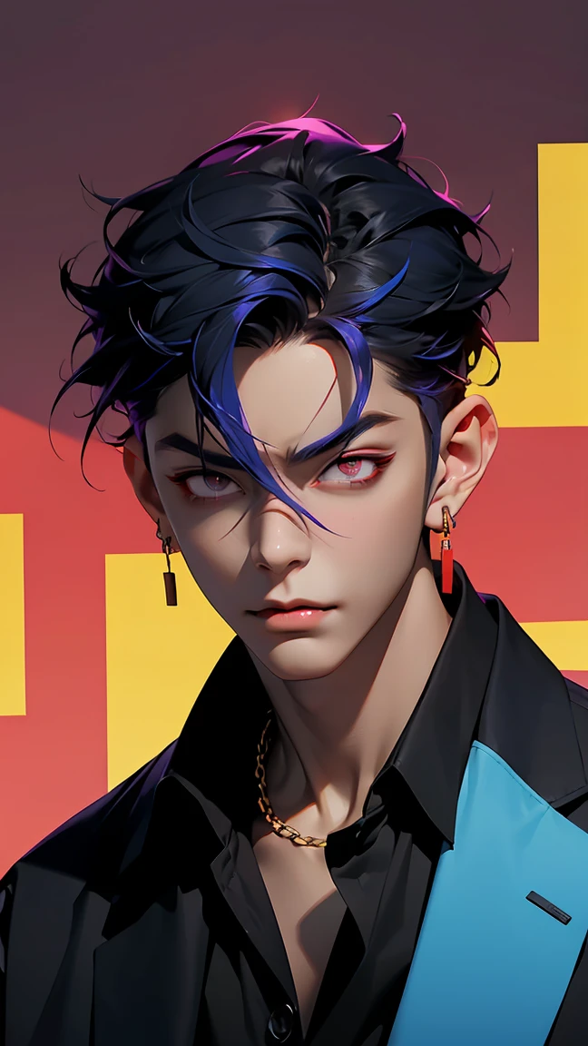 highest quality, 8K, high resolution image, anime style Jujutsu Kaisen, dark skin, (Cú Chulainn (Alter) | Fate | FGO ) detailed strokes, crazy look, piercing gaze, out of focus, purple light is reflected from it, (close angle), 1 man, young, male, model, hand in pocket, cool guy, multicolored background with various geometric shapes, all around stickers, muscular, Blue hair, red eyes, multicolored hair, blue hair, hair between the eyes, highlighted hair, puffy chest, He is wearing a white Collared shirt, sleeves rolled up, suit and black sweatpants, black sweatpants and a gold link chain, sweatpants, background: big city, street