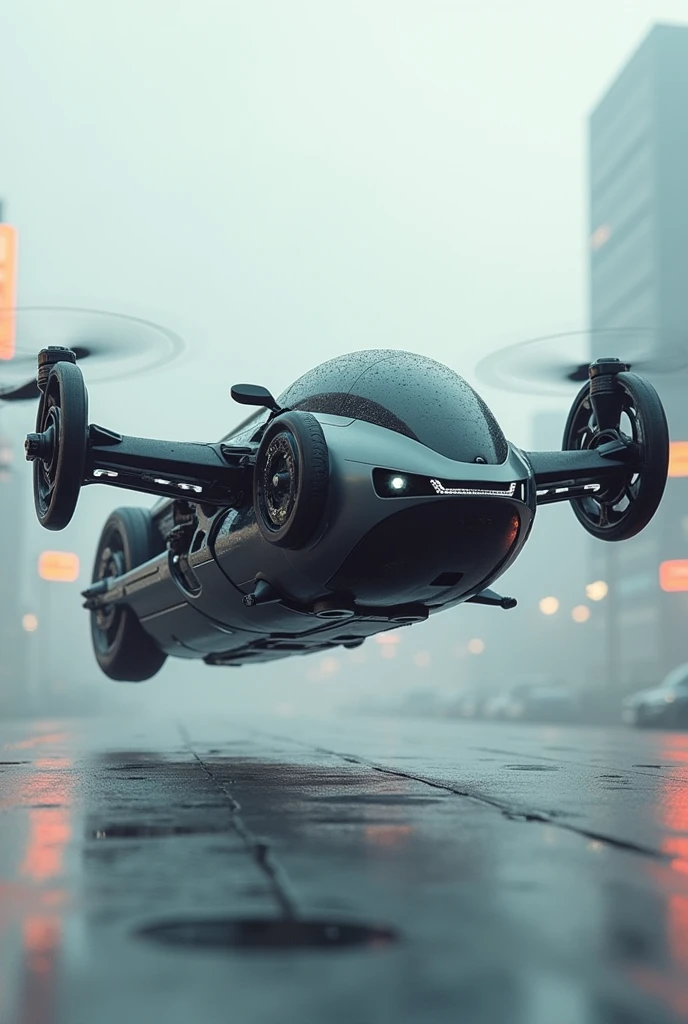 fusion of drone, motorcycles and hovercraft, flying motorcycle, four propellers, futuristic streamlined form