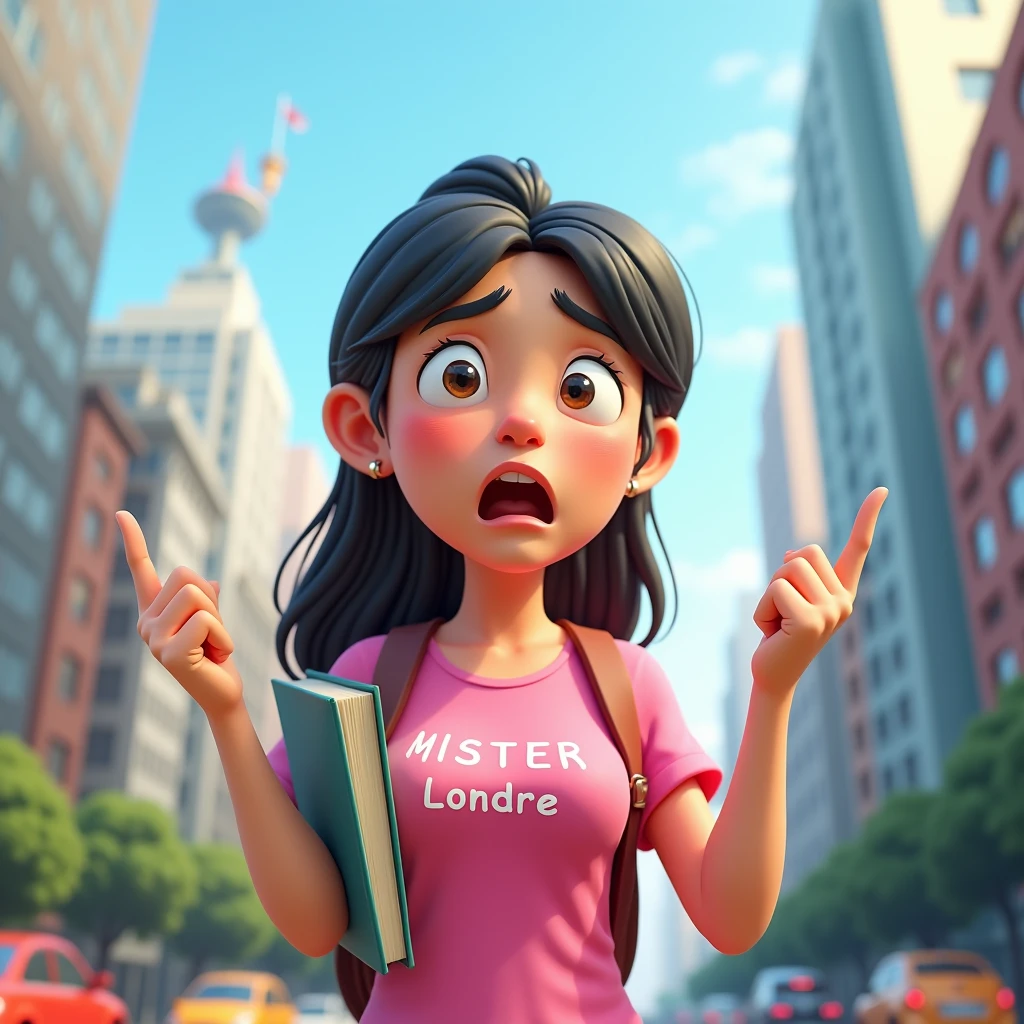 3D cartoon, HD, a Chinese woman as a student, wearing a pink shirt with text logo MISTER LONDRE no image just text, carrying a book , background city , I'm panicking about being chased by college deadlines
