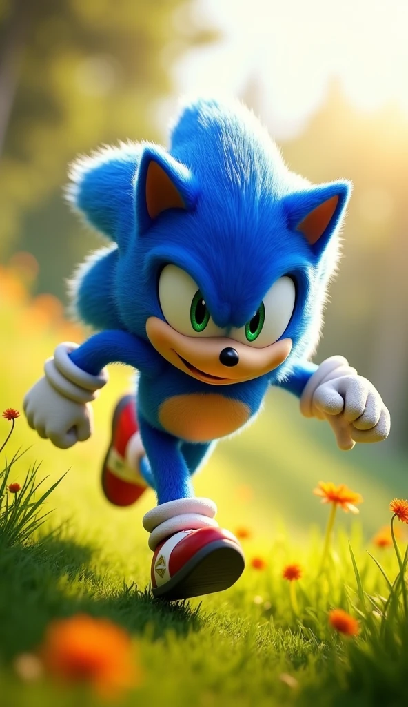 Sonic the Hedgehog zips through a sunlit, lush green meadow, his iconic blue fur and red shoes a blur of vibrant color. His confident grin and bright eyes sparkle with pure exhilaration as he effortlessly slices through the air, embodying unrestrained joy and freedom. The wind ruffles his quills, accentuating his sense of boundless energy and adventurous spirit, capturing a moment of unfiltered bliss.