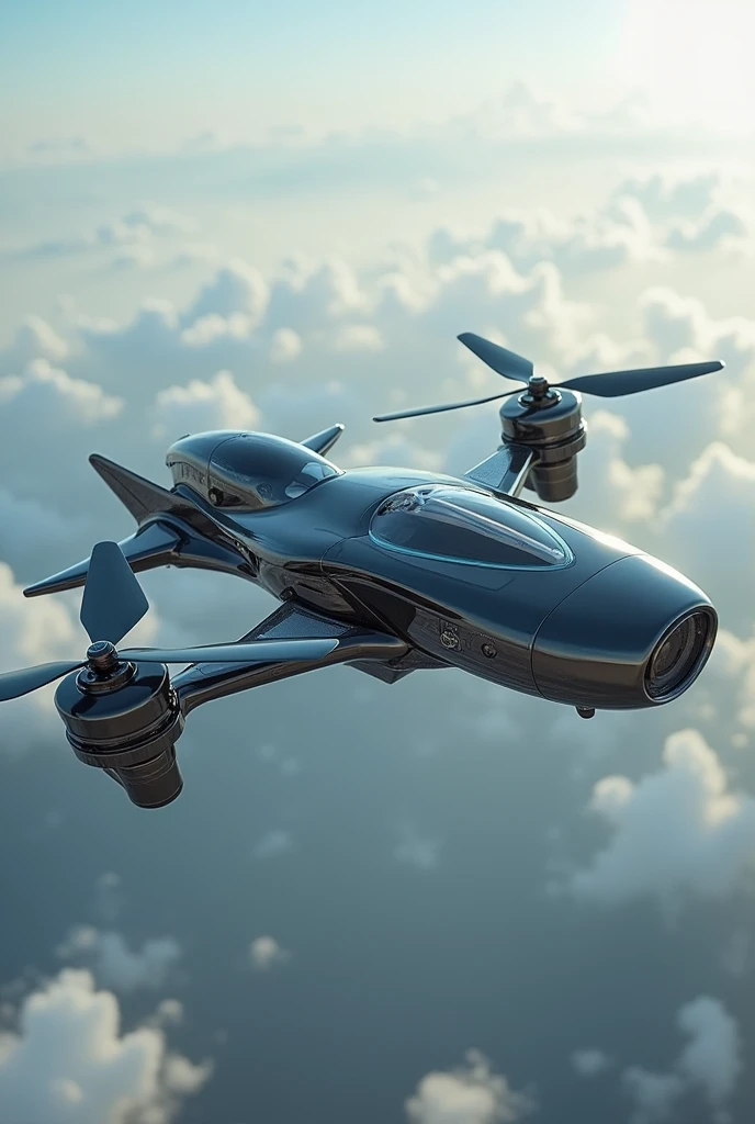 fusion of drone, motorcycles and hovercraft, flying motorcycle, four propellers, futuristic streamlined form